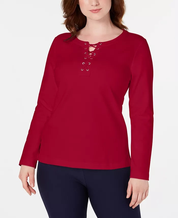 Karen Scott Women's Sport Lace-Up Sweatshirt Bright Red Size Extra Small