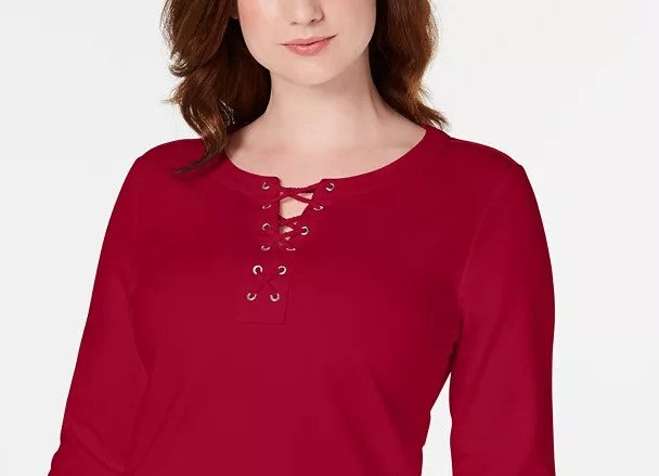 Karen Scott Women's Sport Lace-Up Sweatshirt Bright Red Size Extra Small