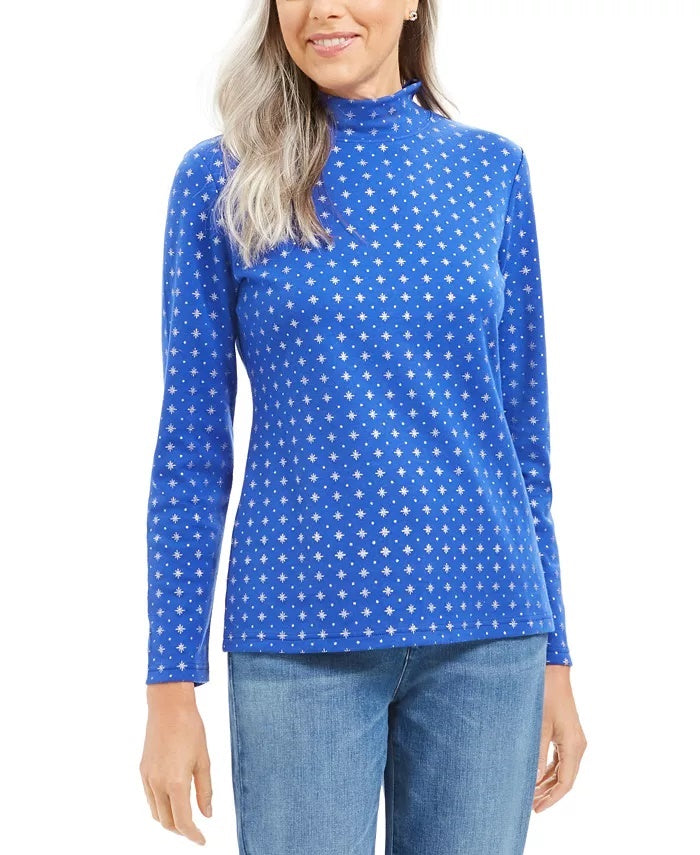 Karen Scott Women's Snowflake Dot Printed Mock Neck Top Blue Size Petite Small