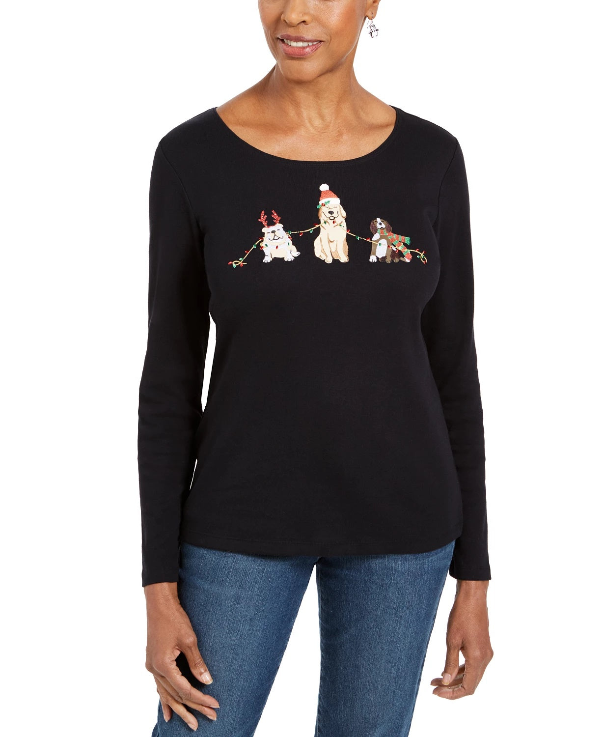 Karen Scott Women's Embroidered Holiday Dog Shirt Black Size Small