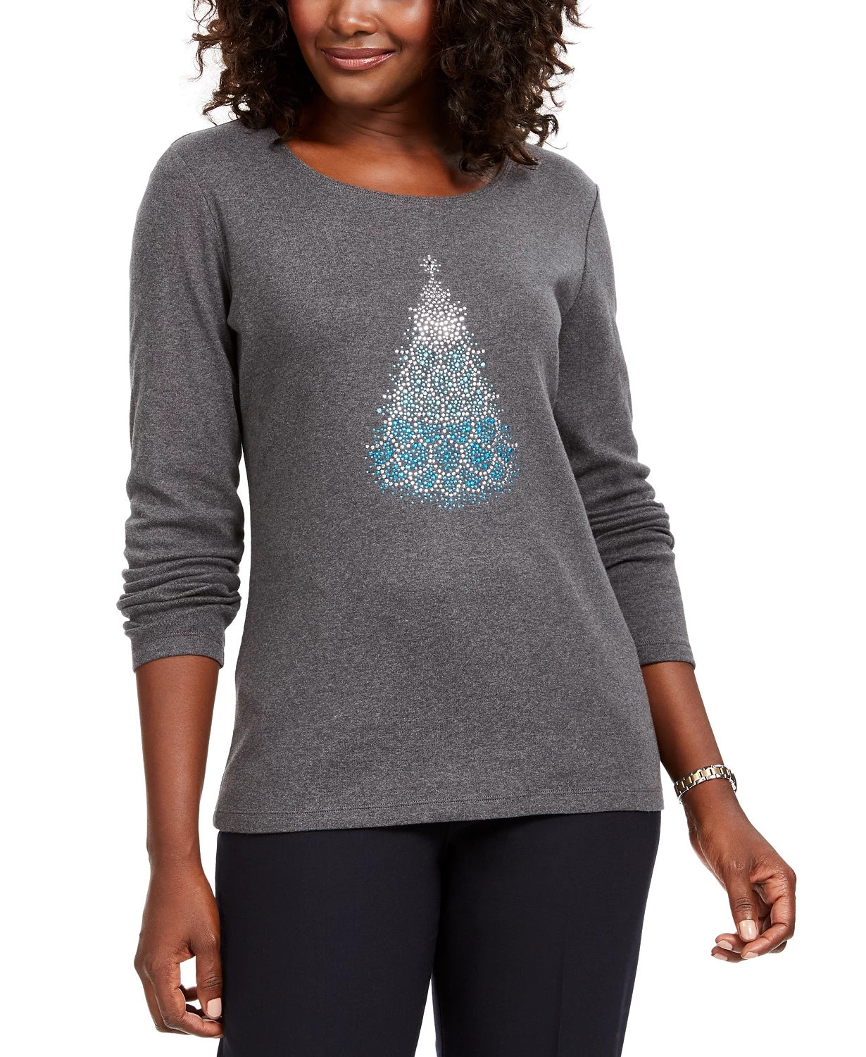 Karen Scott Women's Cotton Holiday-Print T-Shirt Charcoal Size Medium