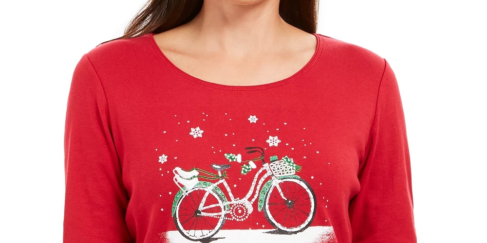 Karen Scott Women's Snow Bike Cotton Top Bright Red Size Medium