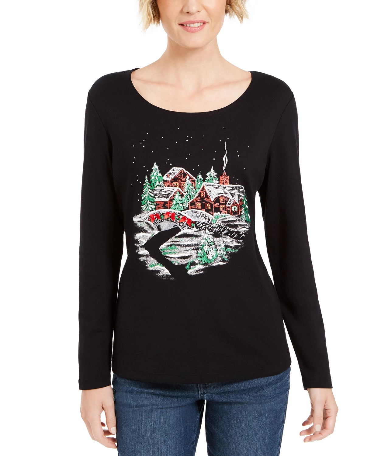 Karen Scott Women's Glitter Graphic Holiday Shirt Black Size Small