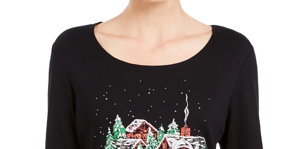 Karen Scott Women's Glitter Graphic Holiday Shirt Black Size Small