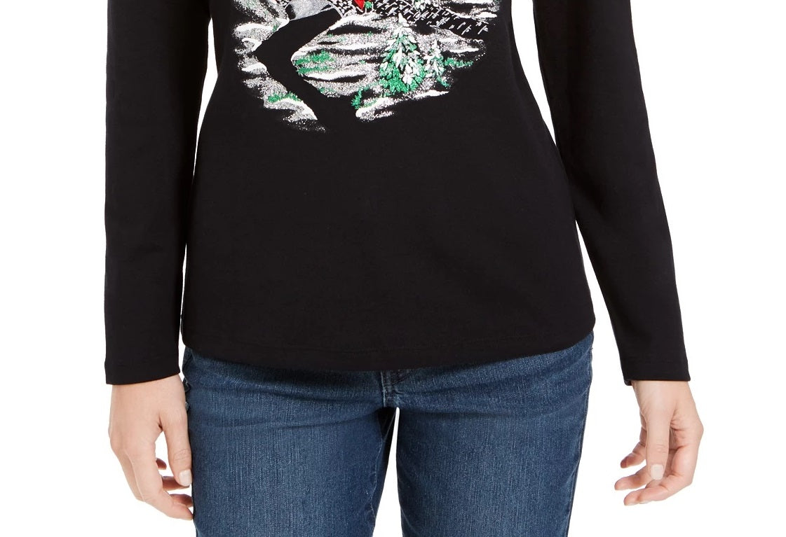 Karen Scott Women's Glitter Graphic Holiday Shirt Black Size Small