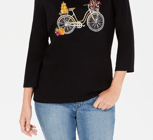 Karen Scott Women's Embellished Cotton Bicycle Top Black Size Large