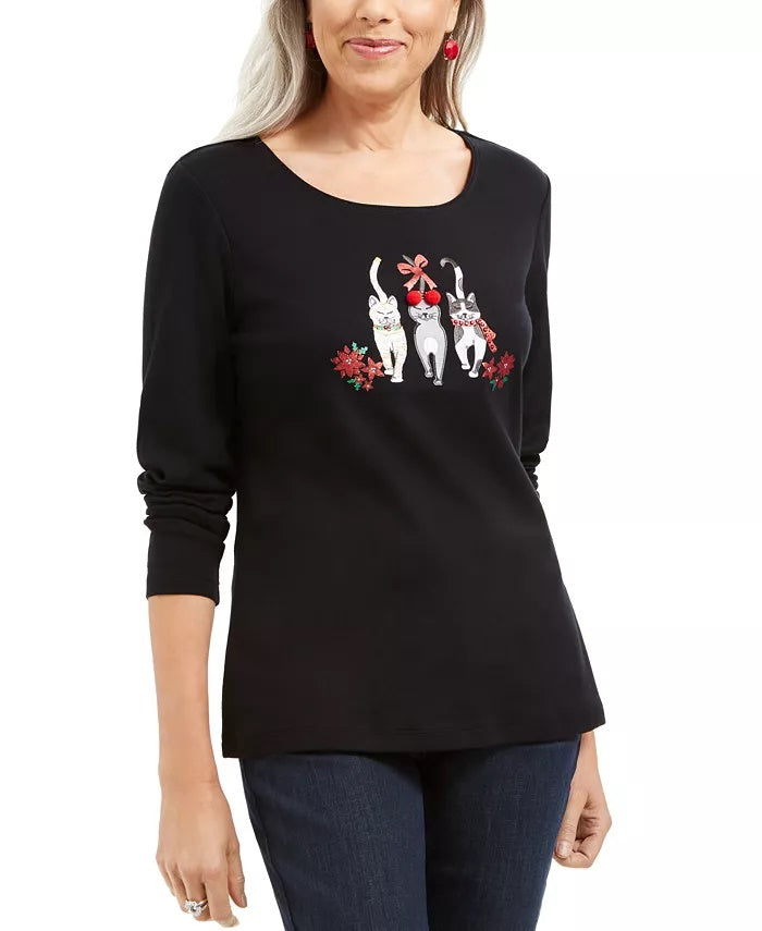 Karen Scott Women's Cotton Festive Catwalk Top Black Size Large