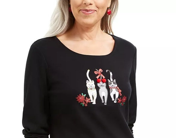 Karen Scott Women's Cotton Festive Catwalk Top Black Size Large