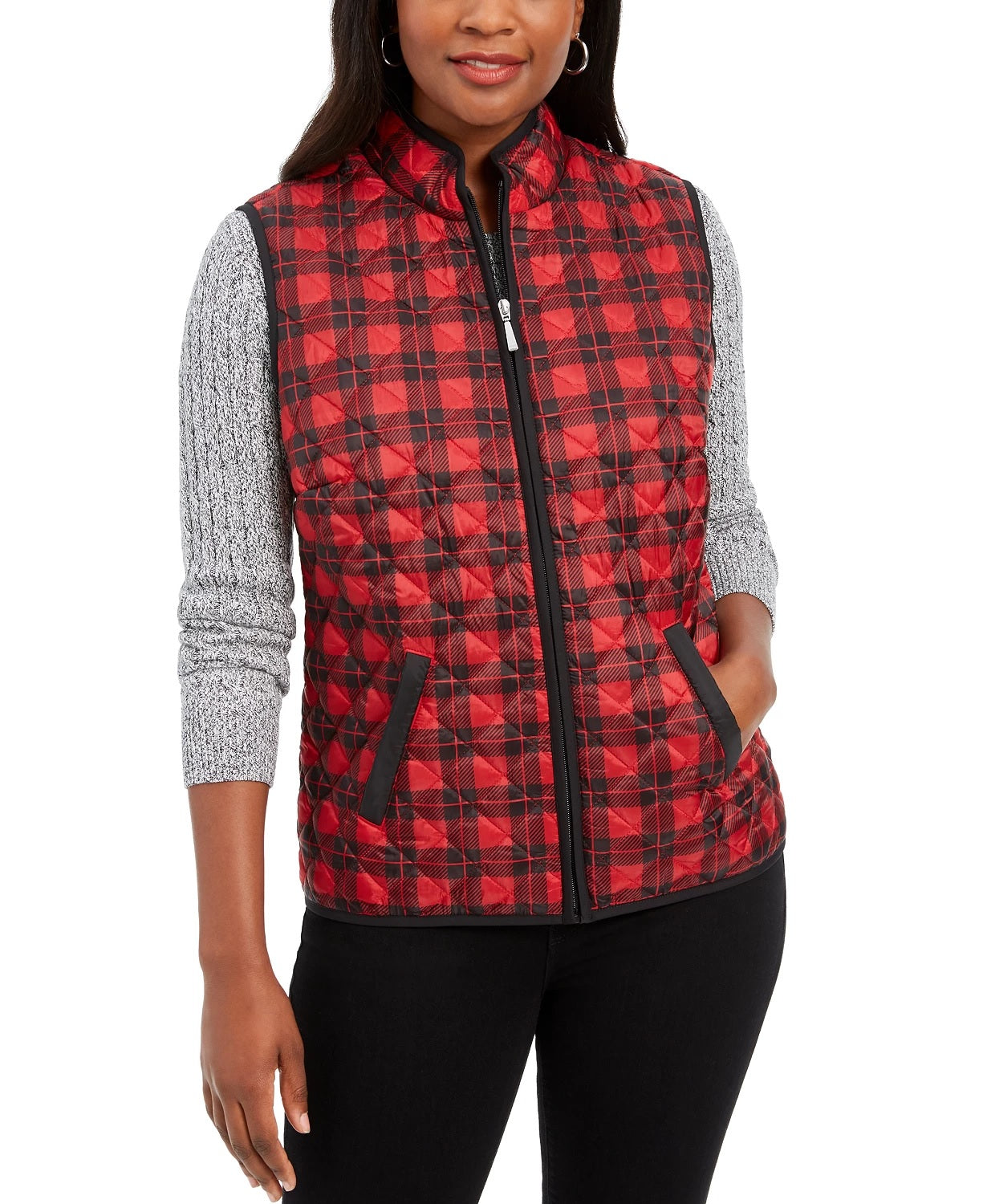 Karen Scott Women's Sport Plaid Puffer Vest Bright Red Size Small