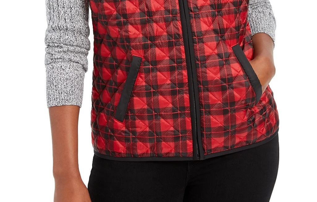 Karen Scott Women's Sport Plaid Puffer Vest Bright Red Size Small
