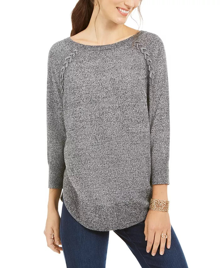 Style & Co Women's Lace-Up Chevron-Trim Sweater Black Size Extra Small