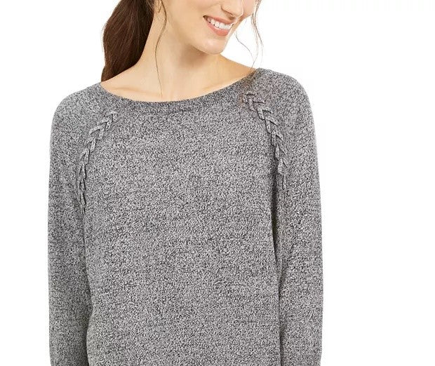 Style & Co Women's Lace-Up Chevron-Trim Sweater Black Size Extra Small