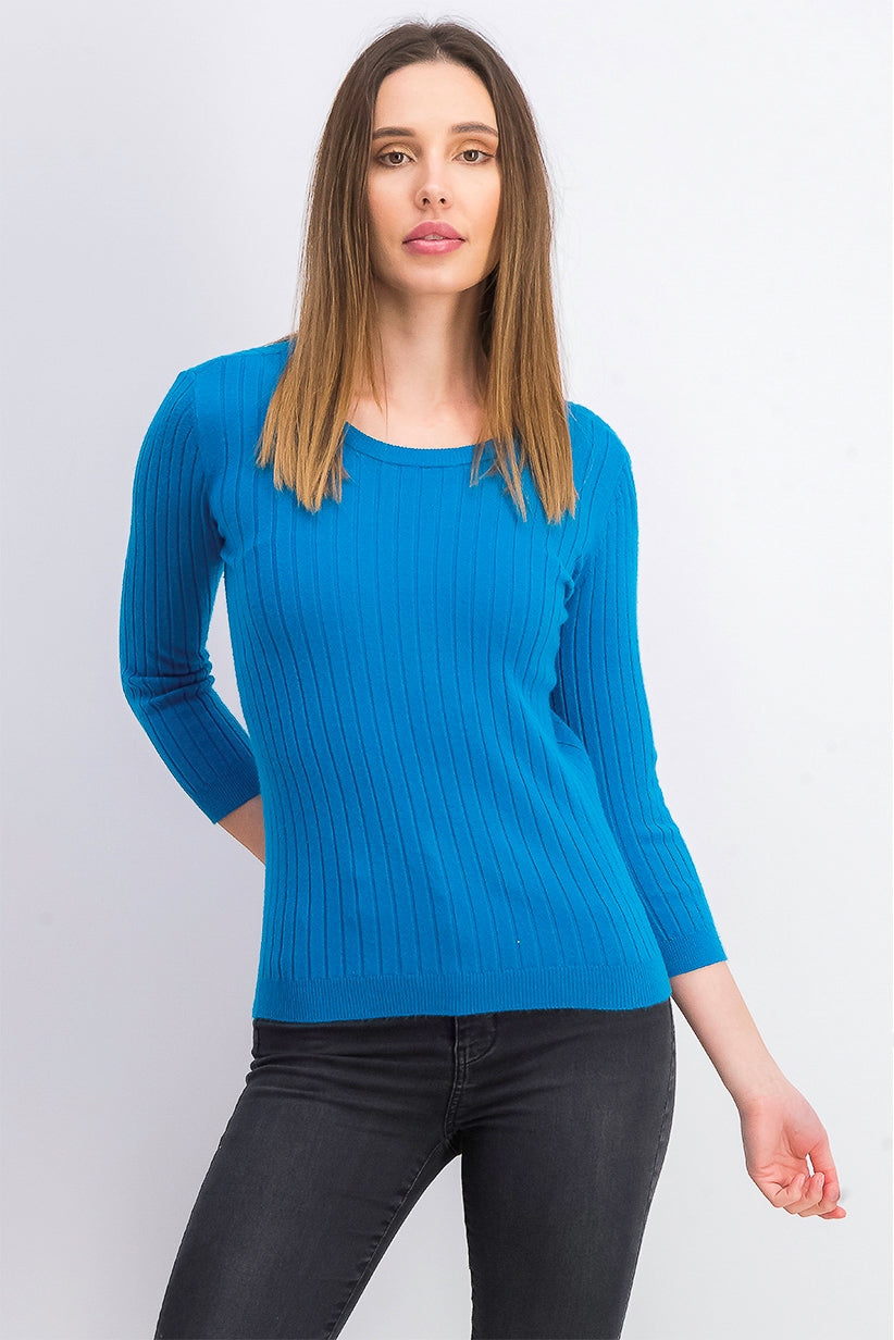 Maison Jules Women's Ribbed Crew-Neck Sweater  Blue Size Small