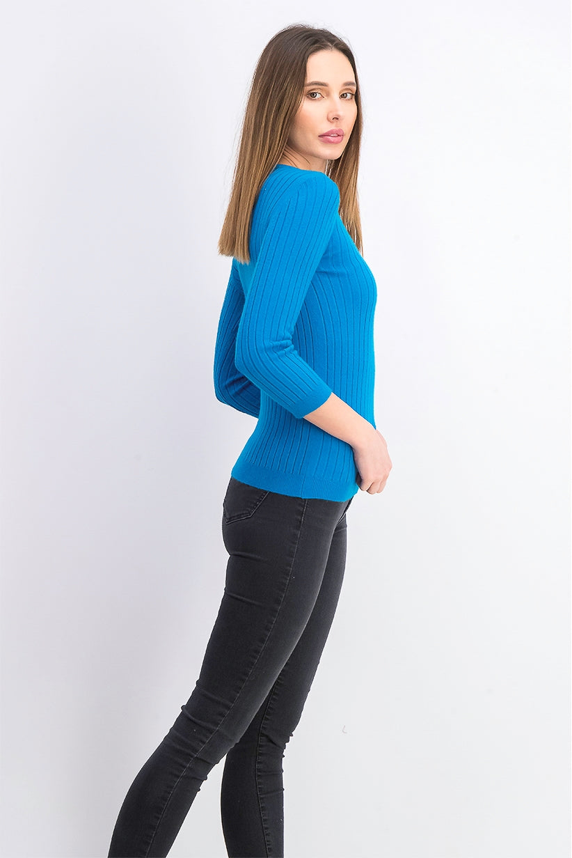 Maison Jules Women's Ribbed Crew-Neck Sweater  Blue Size Small