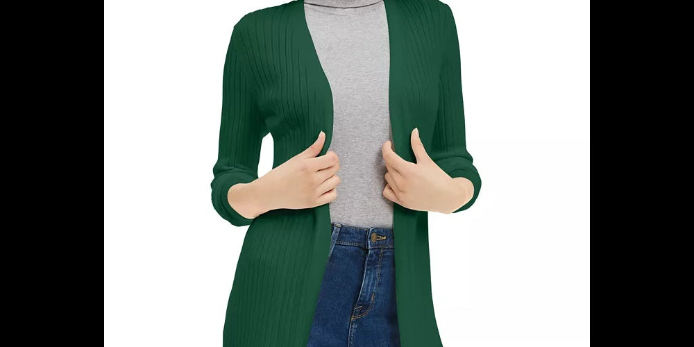 Maison Jules Women's Ribbed Open Cardigan Sweater Green Size Extra Small
