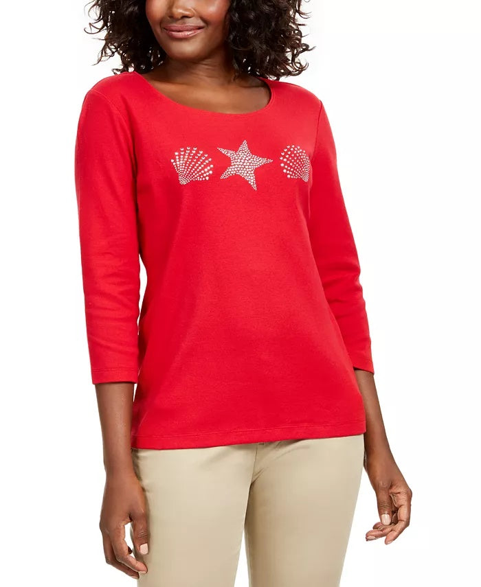 Karen Scott Women's Studded Seashell Top Red Size Small