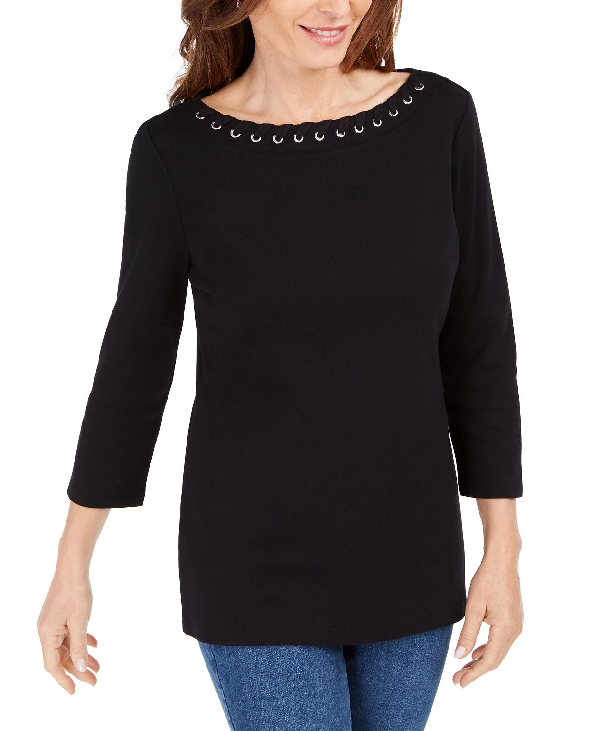 Karen Scott Women's Grommet-Trim Cotton Top Black Size Extra Small