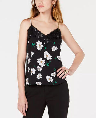 Bar III Women's Floral-Print Lace-Trim Camisole Black Size Small