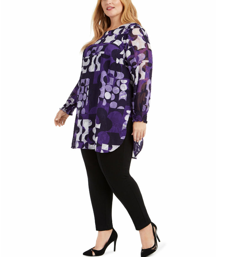 Alfani Women's Plus Size Printed Shirred-Cuff Tunic  Purple Size 1X