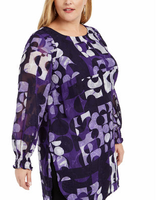 Alfani Women's Plus Size Printed Shirred-Cuff Tunic  Purple Size 1X