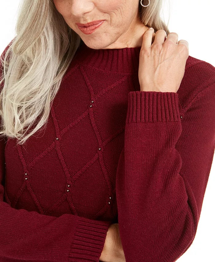 Karen Scott Women's Beaded Cable Mock Neck Sweater Bright Red Size Extra Small