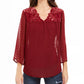 Style & Co Women's Mixed-Media Sheer-Sleeve Blouse Dark Red Size XX Large