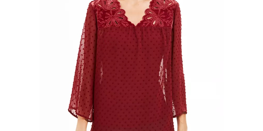 Style & Co Women's Mixed-Media Sheer-Sleeve Blouse Dark Red Size XX Large