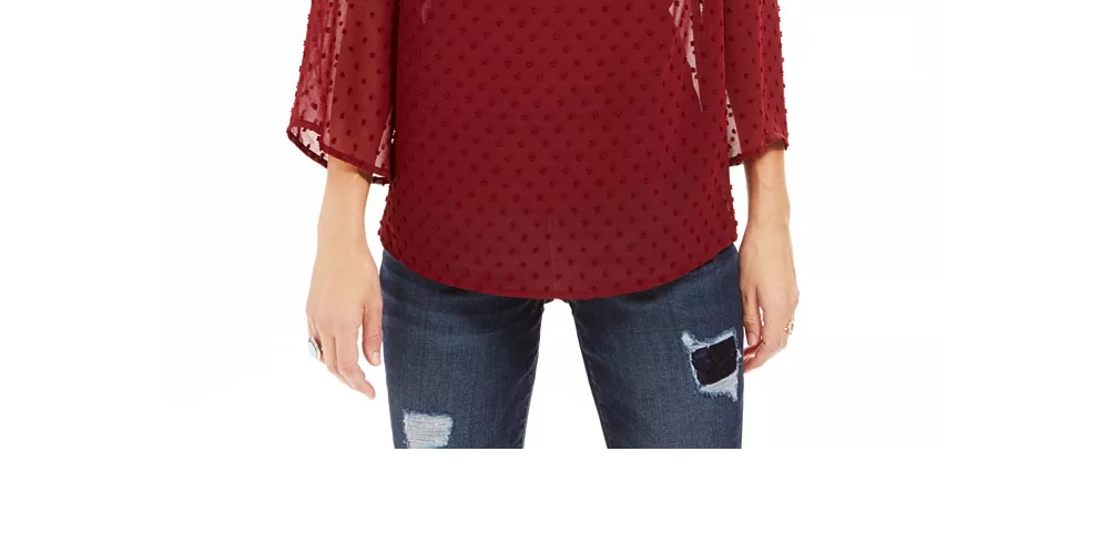 Style & Co Women's Mixed-Media Sheer-Sleeve Blouse Dark Red Size XX Large