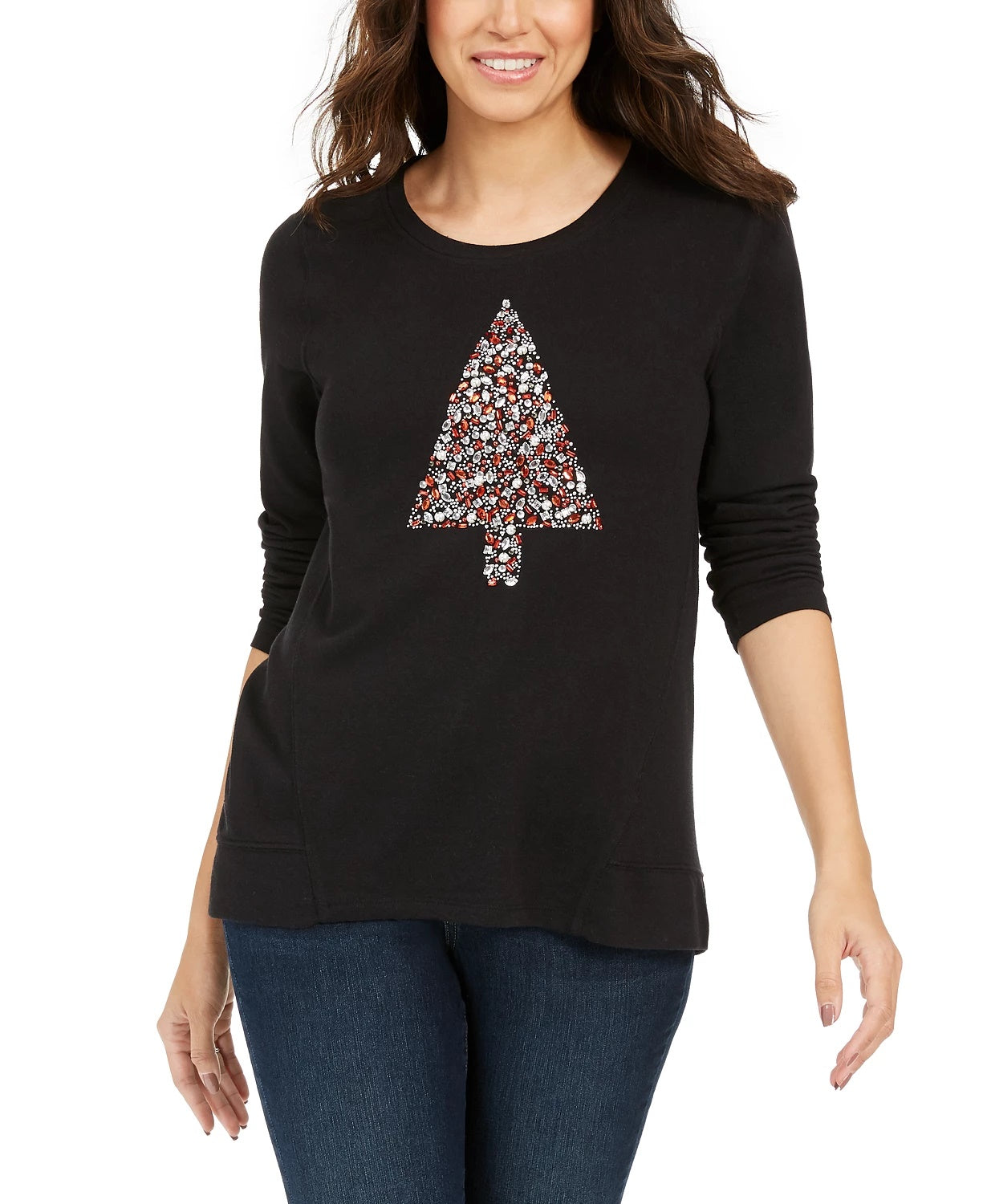 Style & Co Women's  Embellished Tree Sweatshirt Black Size Extra Small