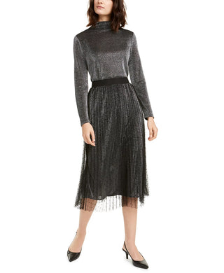 Alfani Women's Swiss-Dot Metallic Midi Skirt Dark Gray Size Petite Medium