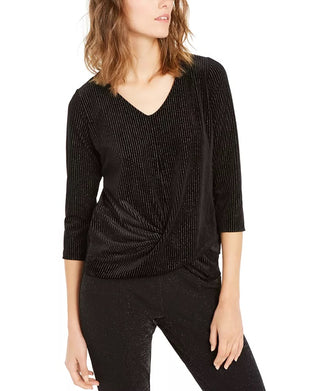Alfani Women's Metallic Stripe Twist Front Top Black Size Medium
