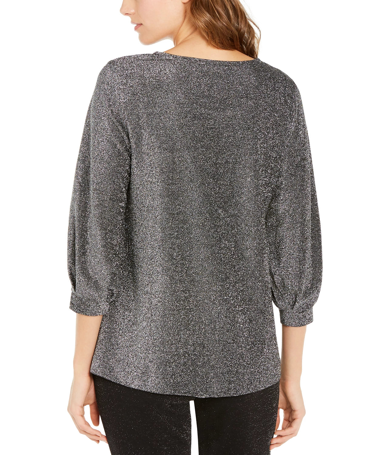 Alfani Women's Metallic Knit Bishop Sleeve Top Med Gray Size X-Small