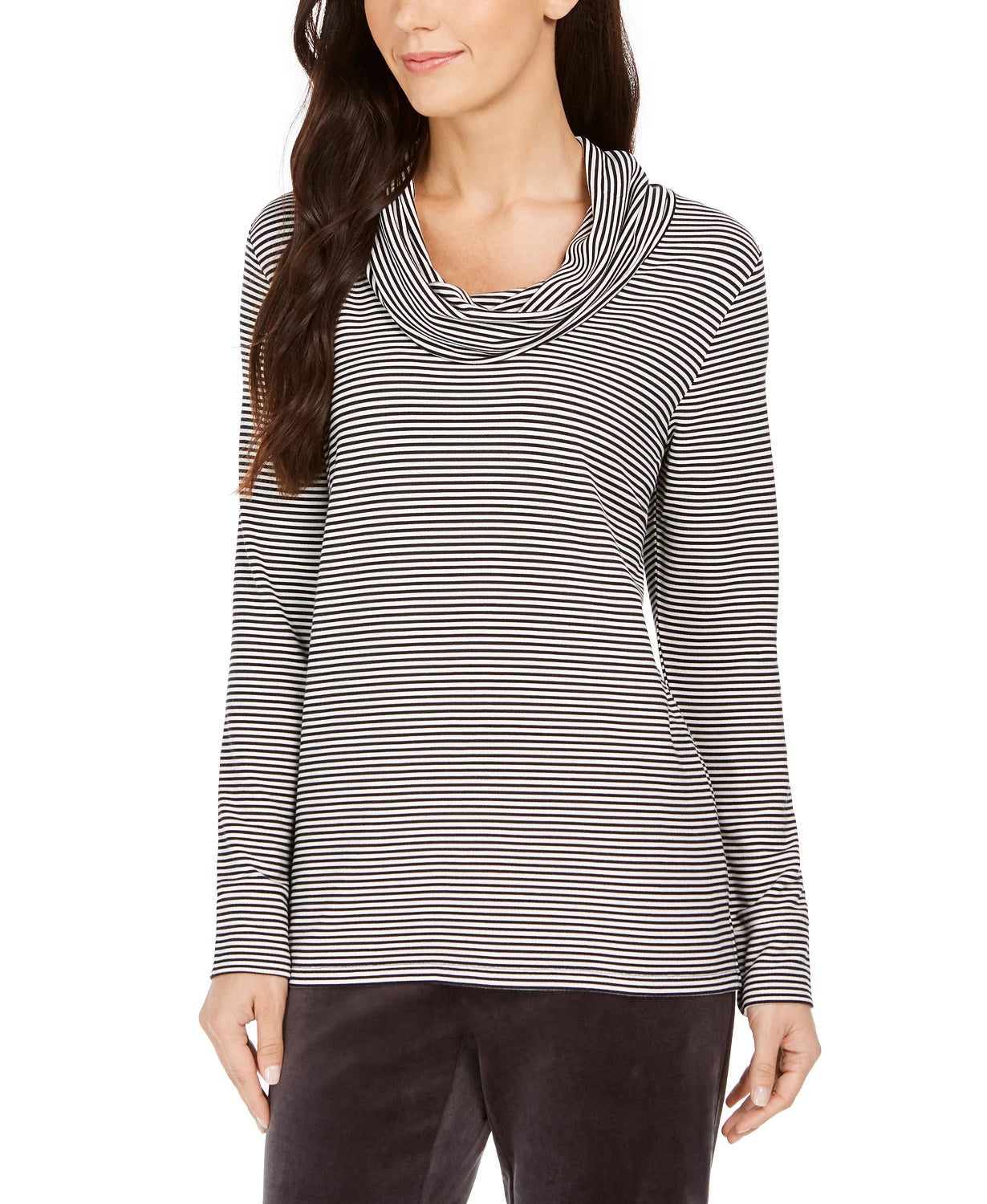 Charter Club Women's Striped Cowl Neck Top Black Size Small