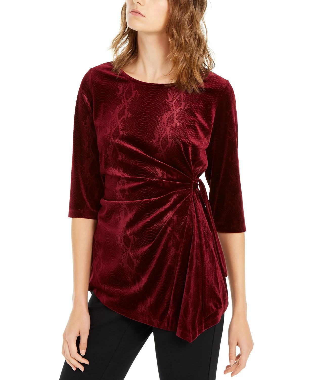 Alfani Women's Snakeskin Print Side Tie Velvet Top Wine Size Large