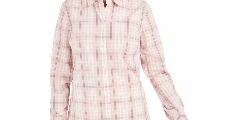 Charter Club Women's Cotton Plaid Shirt Pink Size Small