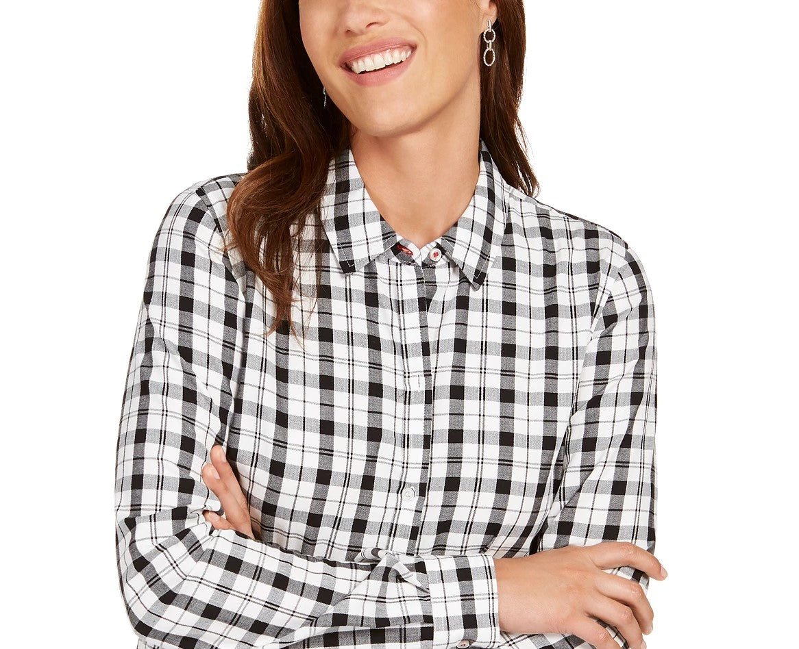 Charter Club Women's Cotton Plaid Shirt White Size Small