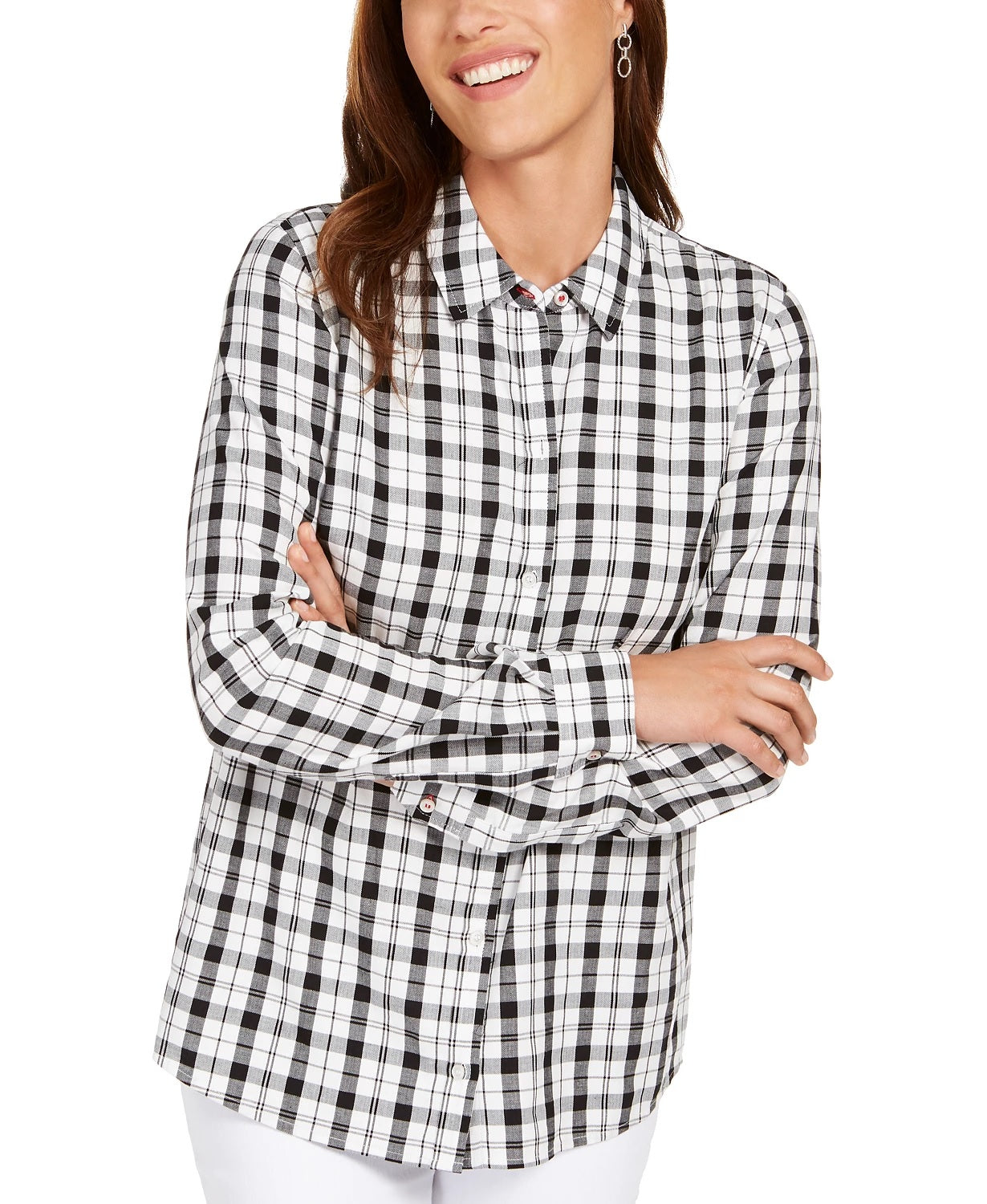 Charter Club Women's Cotton Plaid Shirt White Size Small