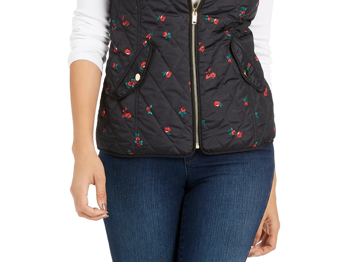 Charter Club Women's Floral-Print Quilted Vest Black Size Small