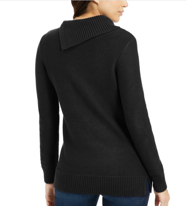 Charter Club Women's Patchwork Stitch Asymmetrical Collar Sweater Black Size X-Large