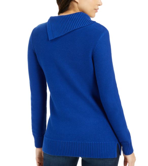 Charter Club Women's Patchwork Stitch Asymmetrical Collar Sweater Blue Size Medium