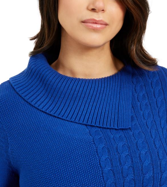 Charter Club Women's Patchwork Stitch Asymmetrical Collar Sweater Blue Size Medium
