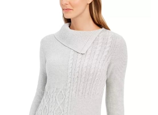 Charter Club Women's Patchwork Stitch Asymmetrical Collar Sweater Medium Grey Size Small