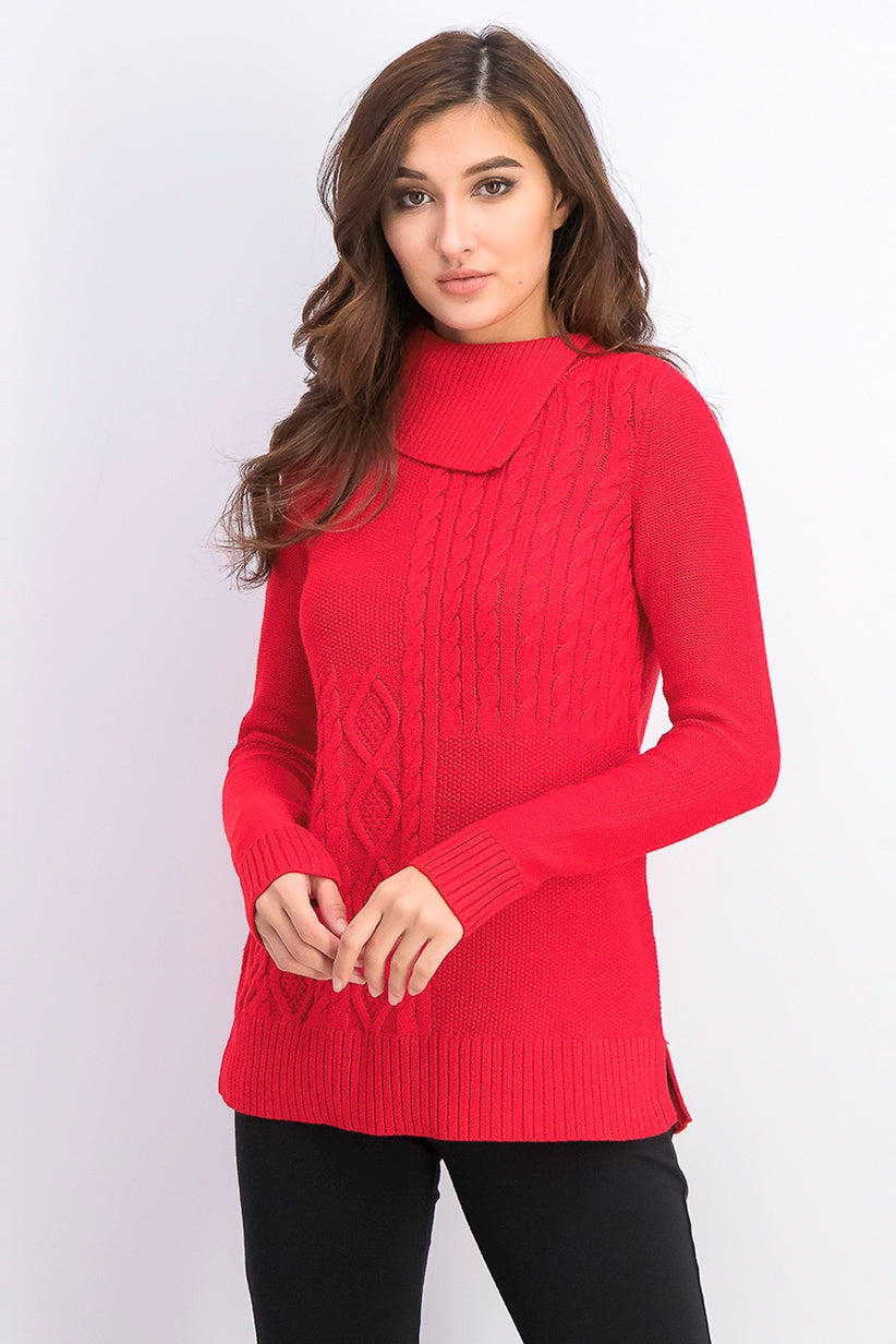 Charter Club Women's Patchwork-Stitch Asymmetrical-Collar Sweater Red Size Small