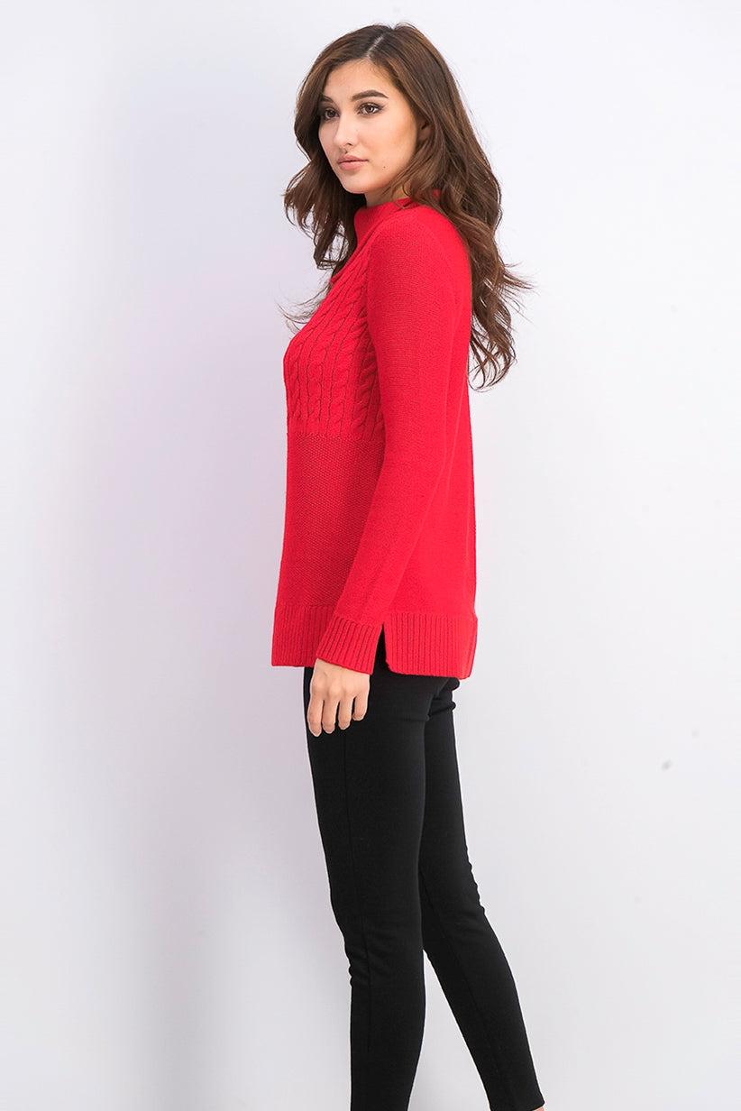 Charter Club Women's Patchwork-Stitch Asymmetrical-Collar Sweater Red Size Small