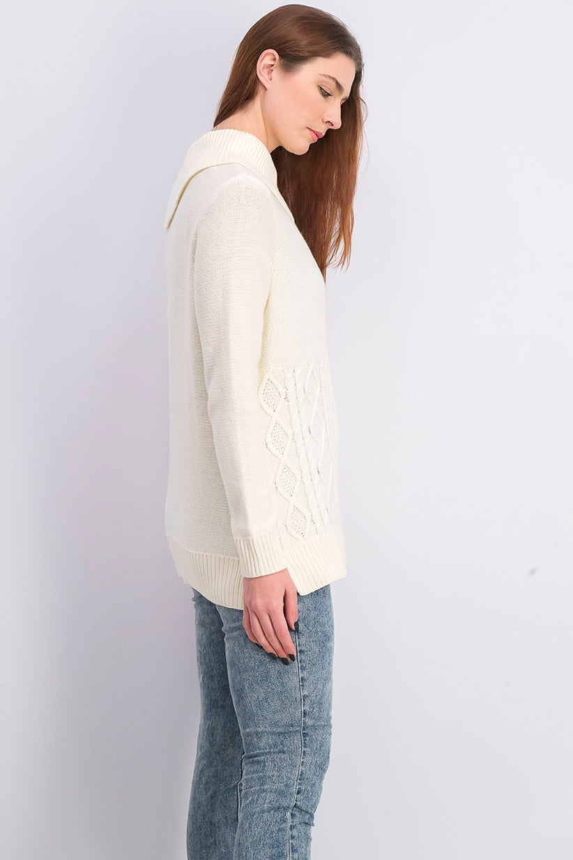 Charter Club Women's Patchwork-Stitch Asymmetrical-Collar Sweater White Size Extra Large