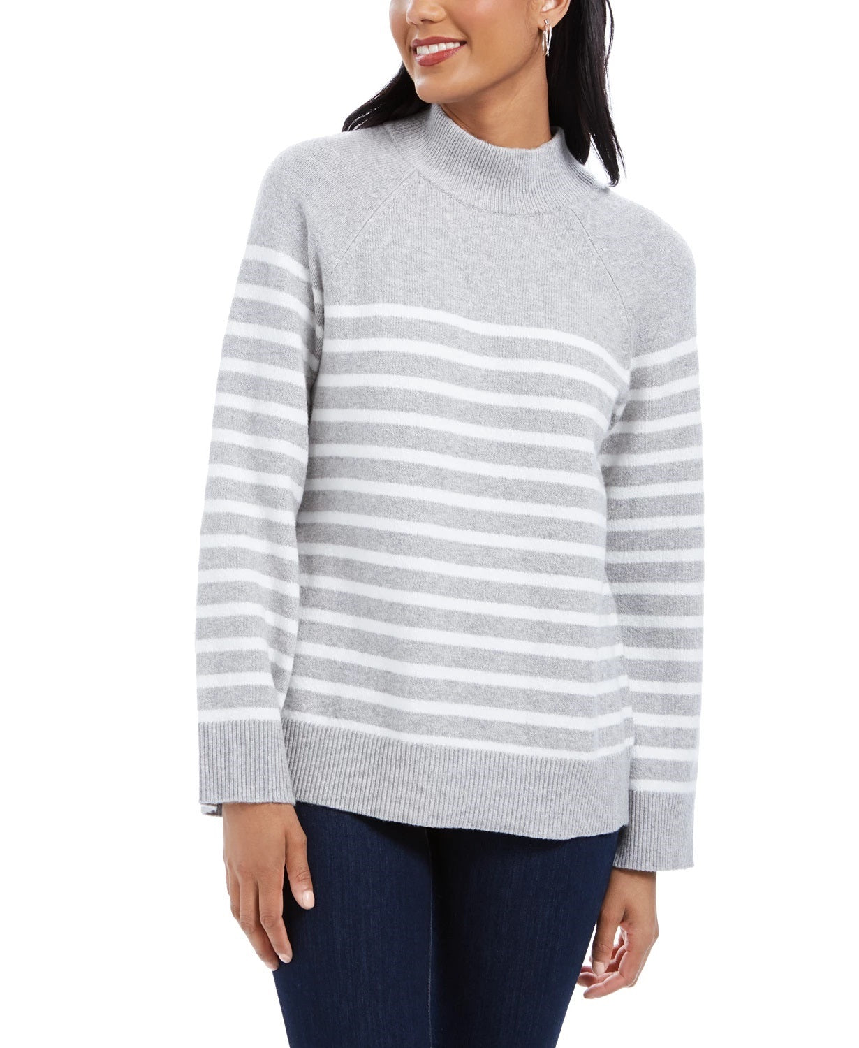 Charter Club Women's Striped Mockneck Sweater Med Gray Size Medium
