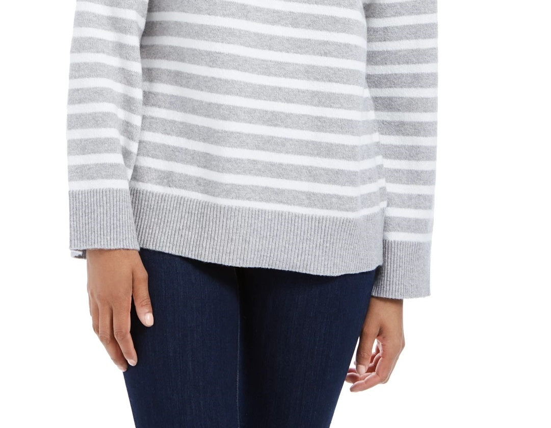 Charter Club Women's Striped Mockneck Sweater Med Gray Size Medium