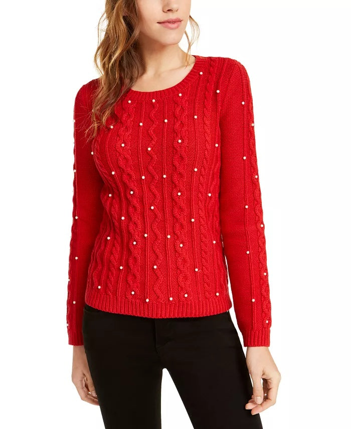 Maison Jules Women's Imitation-Pearl Cable-Knit Sweater Bright Red Size Medium