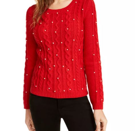 Maison Jules Women's Imitation-Pearl Cable-Knit Sweater Bright Red Size Medium