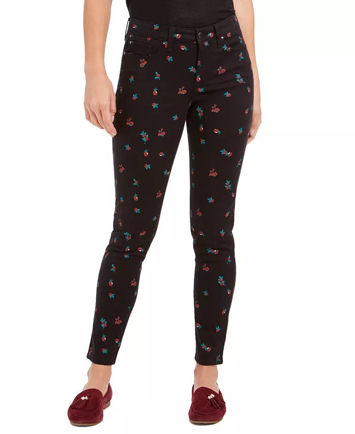 Charter Club Women's Floral-Print Skinny Jeans Black Size 6